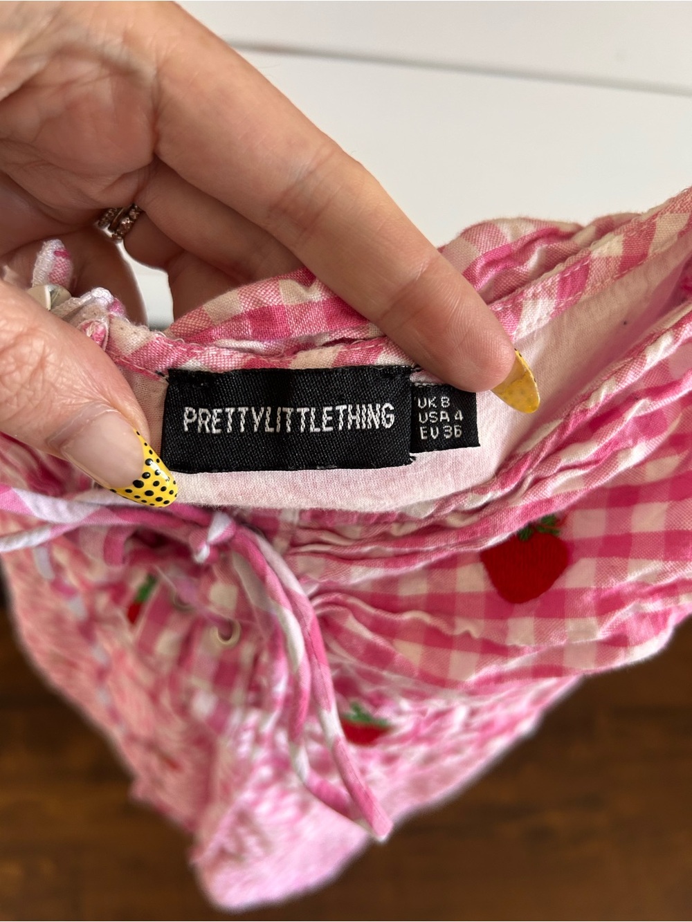 PrettyLittleThing Pink Gingham Tie-Front Mini Dress with Strawberry Detail - Picture 6 of 6